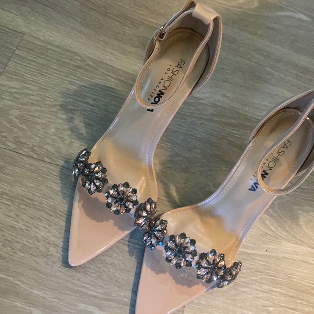 Floral broach pointed open toe heels